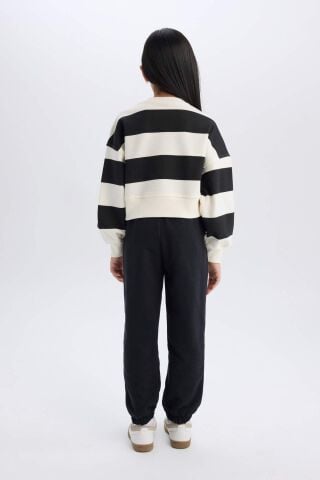 Kız Çocuk 2'li Takım Çizgili Bisiklet Yaka Sweatshirt Beli Lastikli Jogger Eşofman Altı