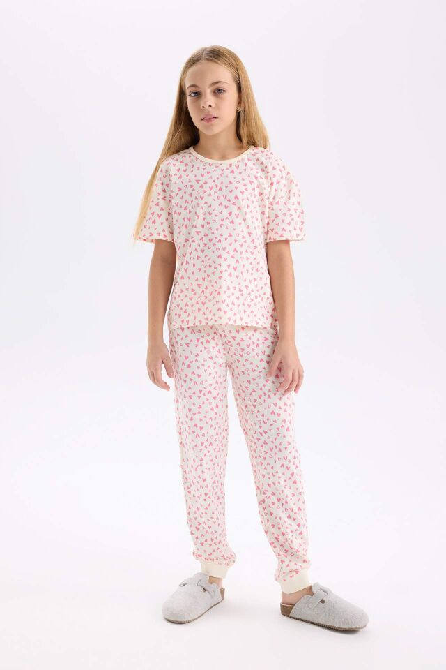 Kız Çocuk Pijama Takımı Kalp Desenli Kısa Kollu Üst Uzun Alt