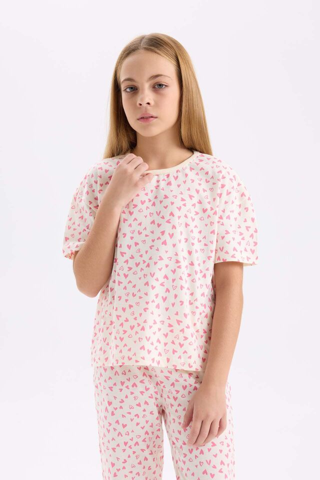 Kız Çocuk Pijama Takımı Kalp Desenli Kısa Kollu Üst Uzun Alt