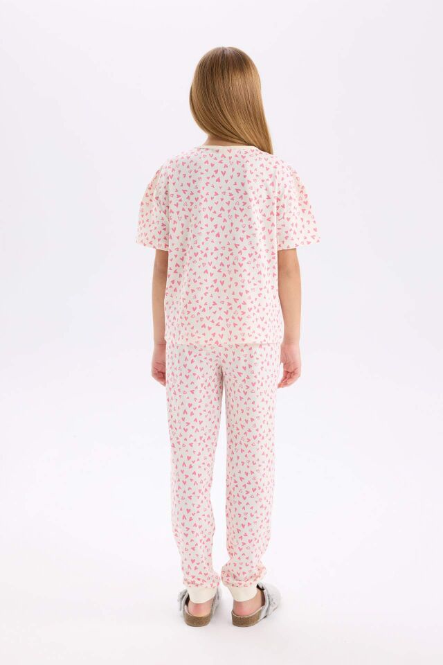 Kız Çocuk Pijama Takımı Kalp Desenli Kısa Kollu Üst Uzun Alt