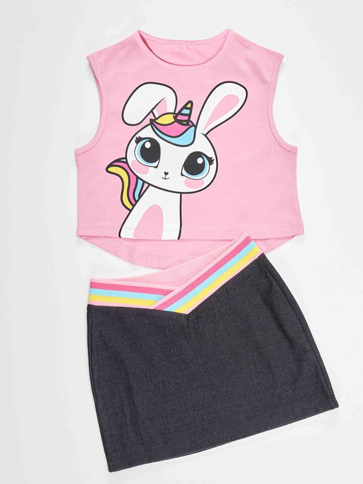 Unicorn Tavşan Kız Çocuk T-shirt Etek Takım