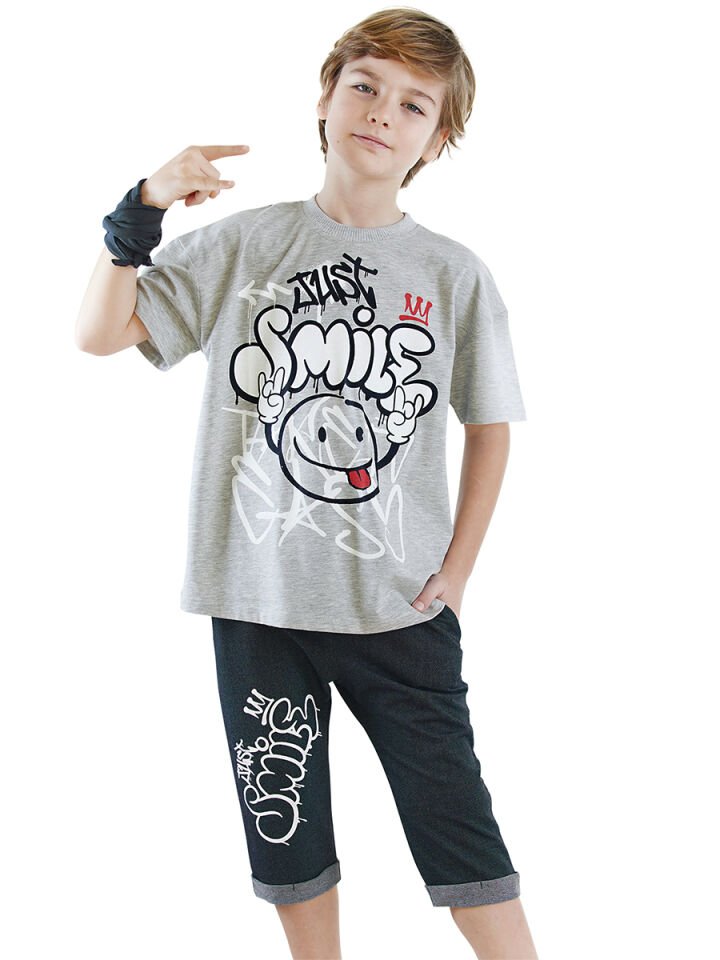 Just Smile Erkek Çocuk T-shirt Kapri Şort Takım 9 Y - Gri