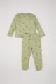 Erkek Bebek Pijama Takımı Ayı Baskılı Uzun Kollu Fitilli Kaşkorse Üst Beli Lastikli Uzun Alt