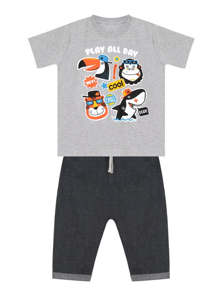 Cool Animals Erkek Çocuk T-shirt Kapri Şort Takım 4 Y - Gri, Siyah