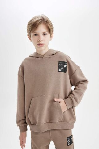 Erkek Çocuk Oversize Geniş Kalıp Kapüşonlu Cepli Kalın Okul Sweatshirt