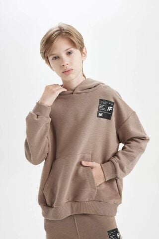 Erkek Çocuk Oversize Geniş Kalıp Kapüşonlu Cepli Kalın Okul Sweatshirt