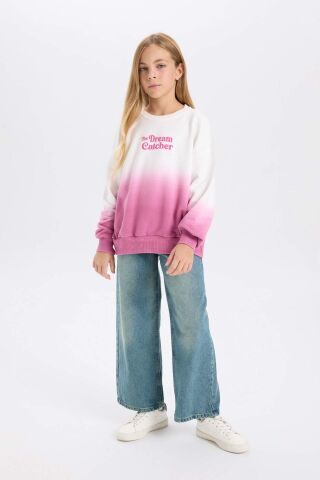 Kız Çocuk Oversize Geniş Kalıp Bisiklet Yaka Degrade Baskılı Sweatshirt