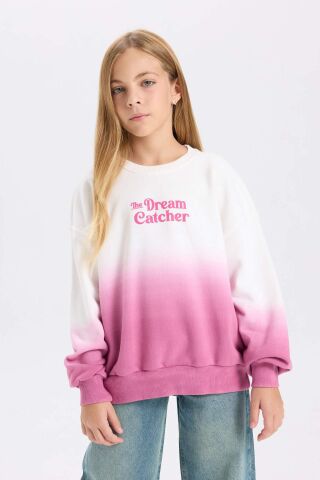 Kız Çocuk Oversize Geniş Kalıp Bisiklet Yaka Degrade Baskılı Sweatshirt