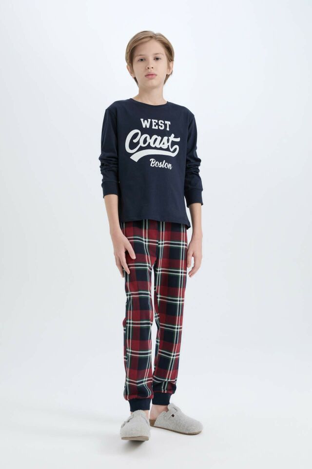 Erkek Çocuk Pijama Takımı Bisiklet Yaka Baskılı Uzun Kollu Üst Kareli Uzun Alt