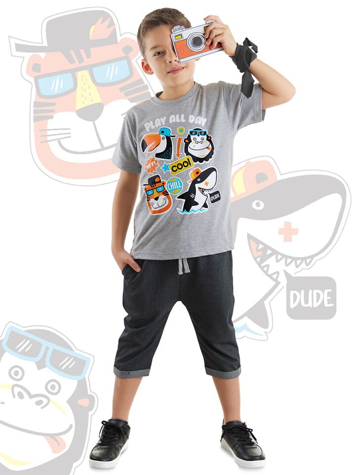 Cool Animals Erkek Çocuk T-shirt Kapri Şort Takım 5 Y - Gri, Siyah