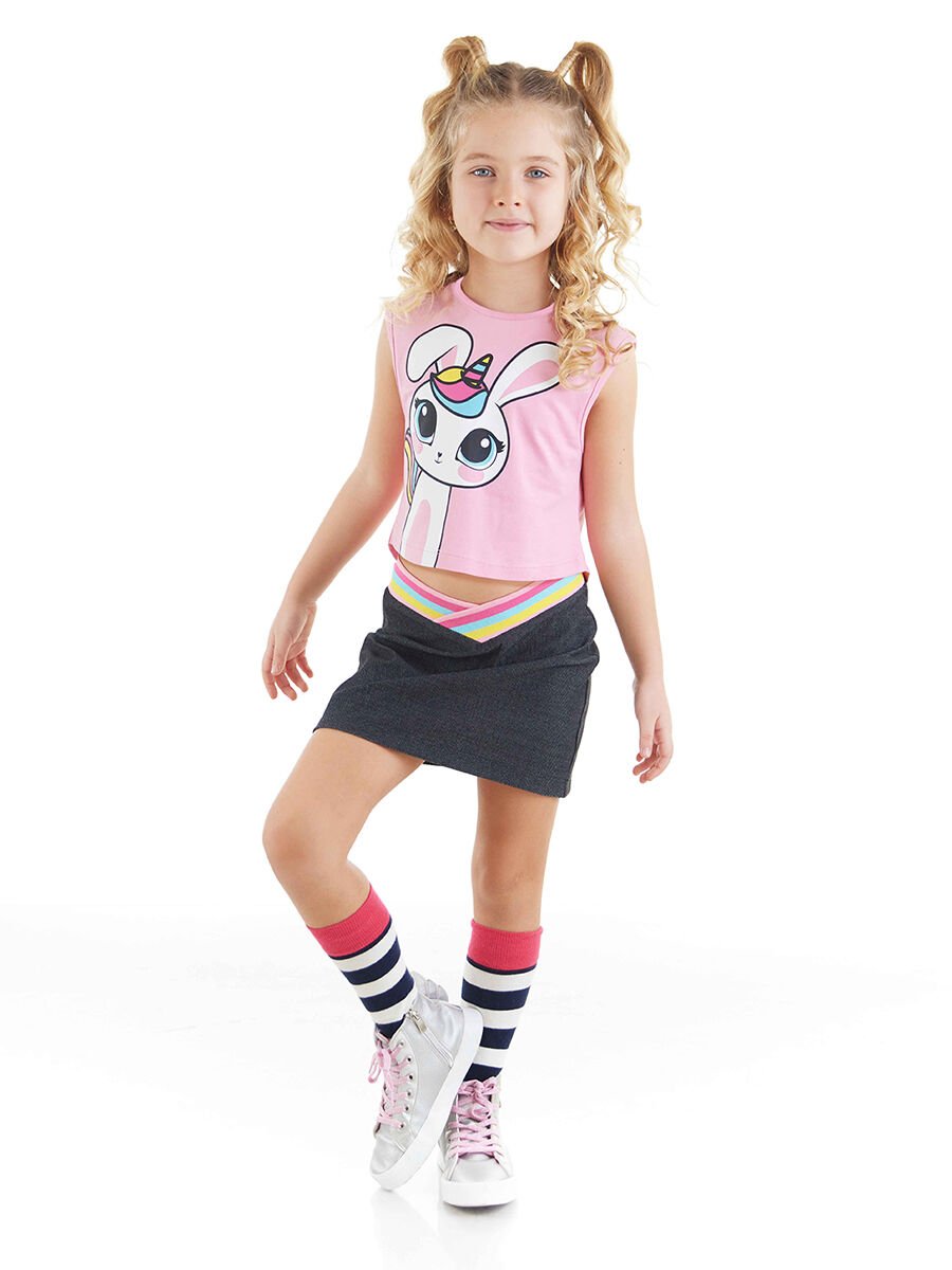 Unicorn Tavşan Kız Çocuk T-shirt Etek Takım 4 Y - Pembe, Siyah