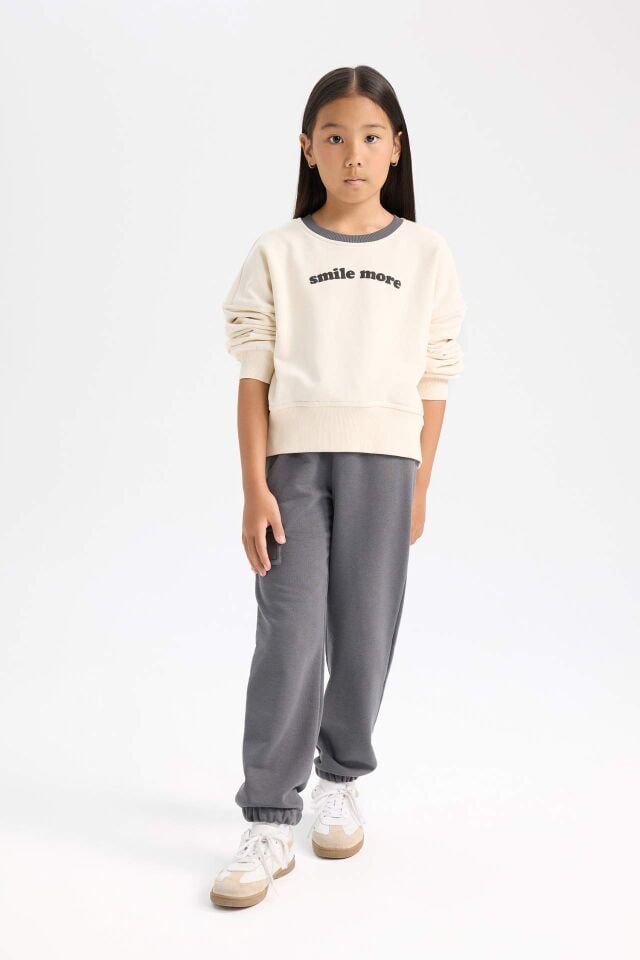 Kız Çocuk 2'li Takım Bisiklet Yaka Baskılı Sweatshirt Beli Lastikli Eşofman Altı