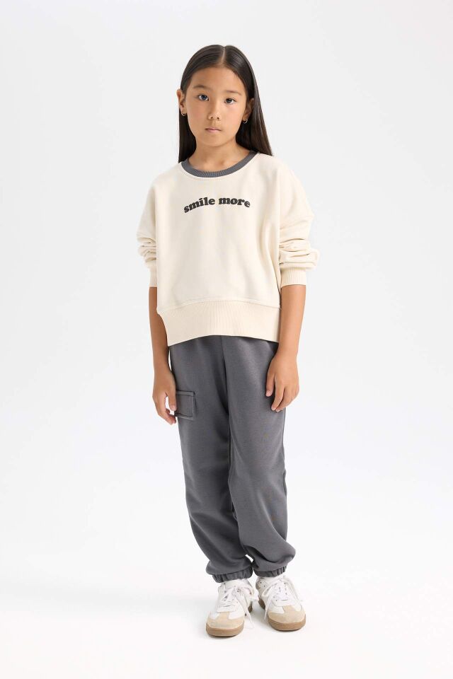 Kız Çocuk 2'li Takım Bisiklet Yaka Baskılı Sweatshirt Beli Lastikli Eşofman Altı