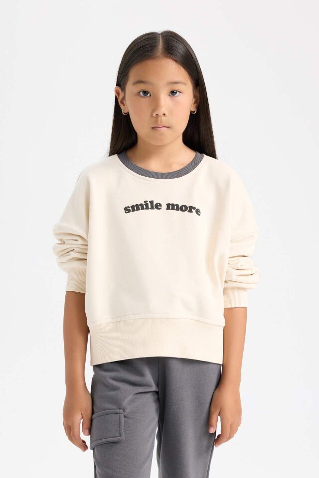 Kız Çocuk 2'li Takım Bisiklet Yaka Baskılı Sweatshirt Beli Lastikli Eşofman Altı