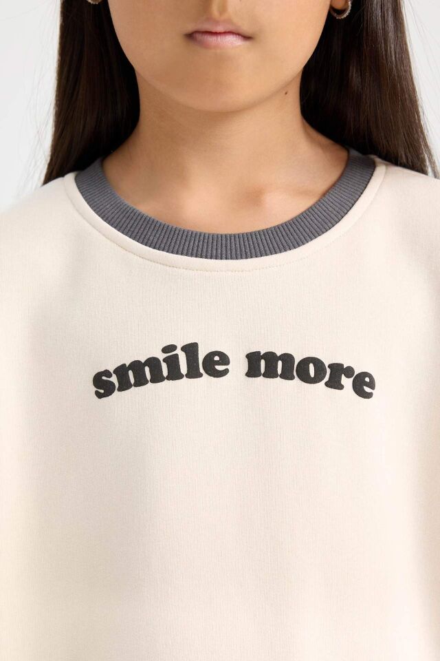 Kız Çocuk 2'li Takım Bisiklet Yaka Baskılı Sweatshirt Beli Lastikli Eşofman Altı