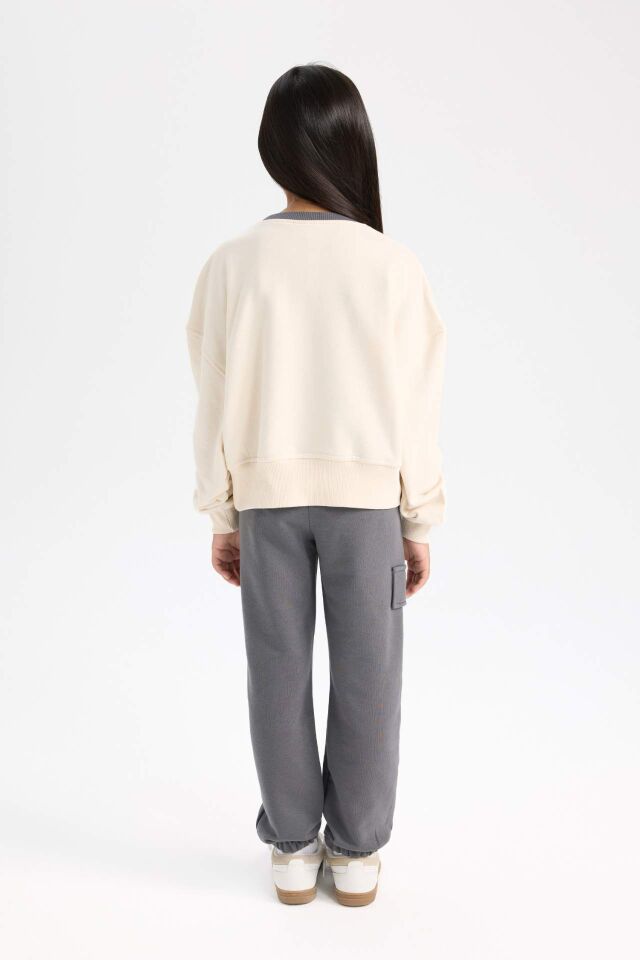Kız Çocuk 2'li Takım Bisiklet Yaka Baskılı Sweatshirt Beli Lastikli Eşofman Altı