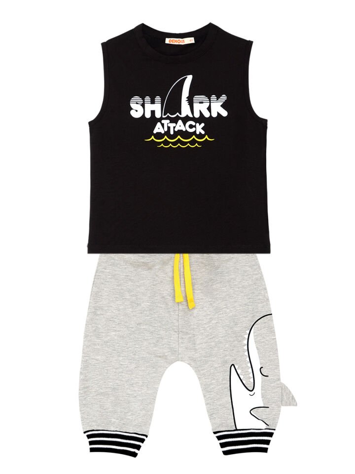 Shark Attack Erkek Çocuk T-shirt Kapri Şort Takım 3 Y - Siyah, Gri