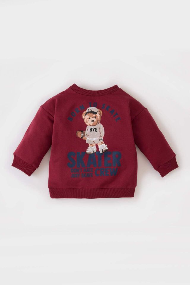 Erkek Bebek Bisiklet Yaka Ayı Baskılı İçi Yumuşak Tüylü Sweatshirt