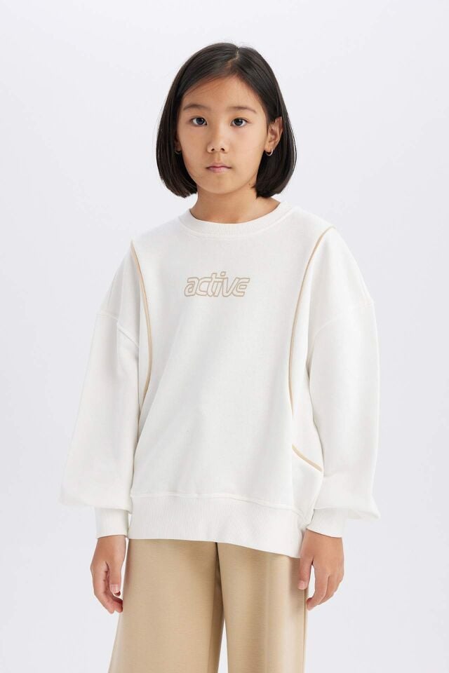 Kız Çocuk Oversize Geniş Kalıp Bisiklet Yaka Baskılı Sweatshirt