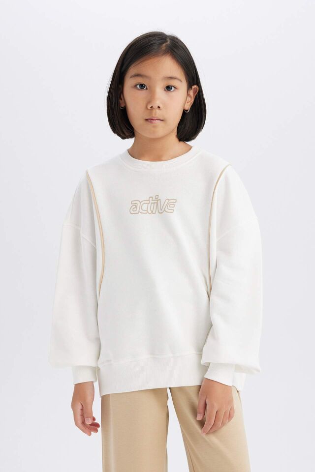 Kız Çocuk Oversize Geniş Kalıp Bisiklet Yaka Baskılı Sweatshirt
