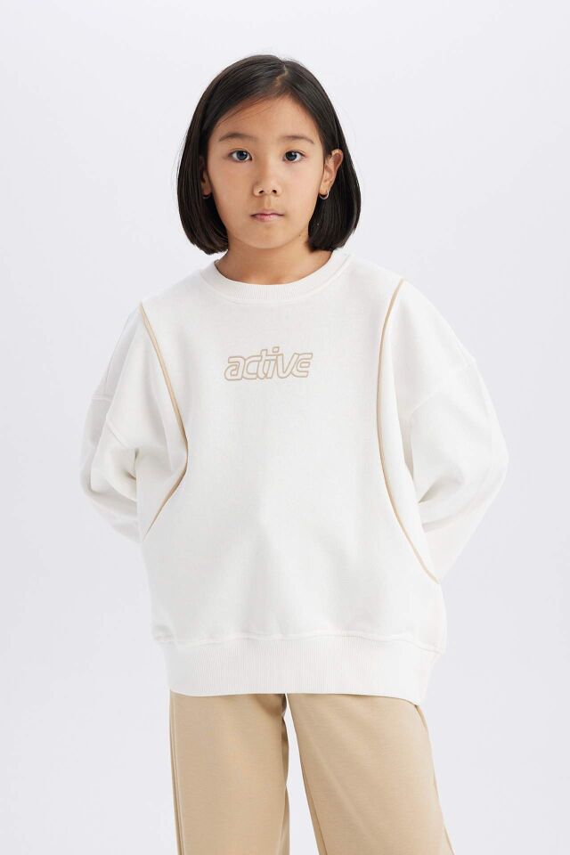 Kız Çocuk Oversize Geniş Kalıp Bisiklet Yaka Baskılı Sweatshirt