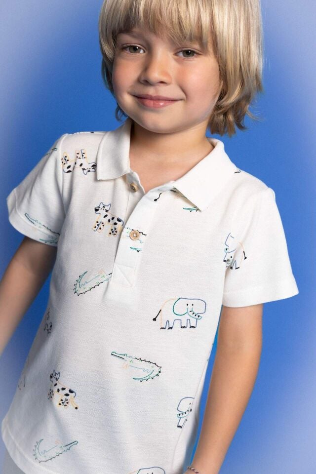 Erkek Bebek Hayvan Desenli Pike Kısa Kollu Polo Tişört