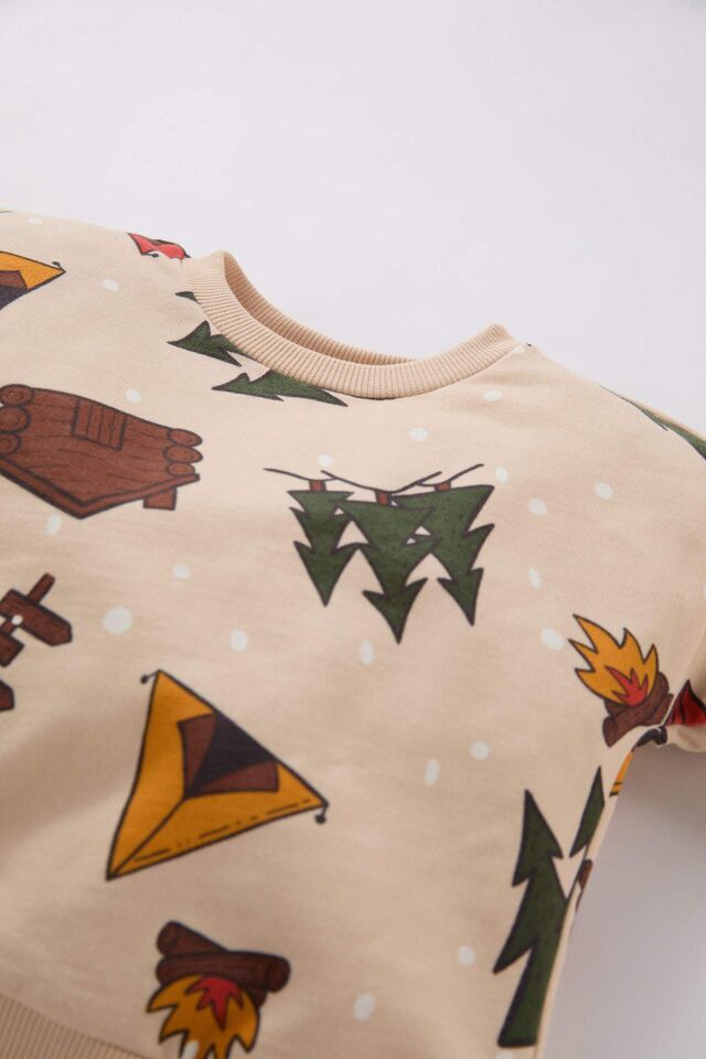 Erkek Bebek 2'li Takım Yeni Yıl Baskılı Bisiklet Yaka Sweatshirt Beli Lastikli Alt
