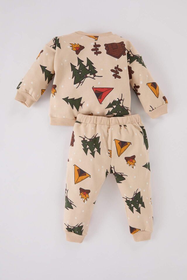 Erkek Bebek 2'li Takım Yeni Yıl Baskılı Bisiklet Yaka Sweatshirt Beli Lastikli Alt