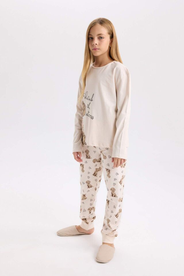 Kız Çocuk Pijama Takımı Köpek Baskılı Uzun Kollu Üst Uzun Alt