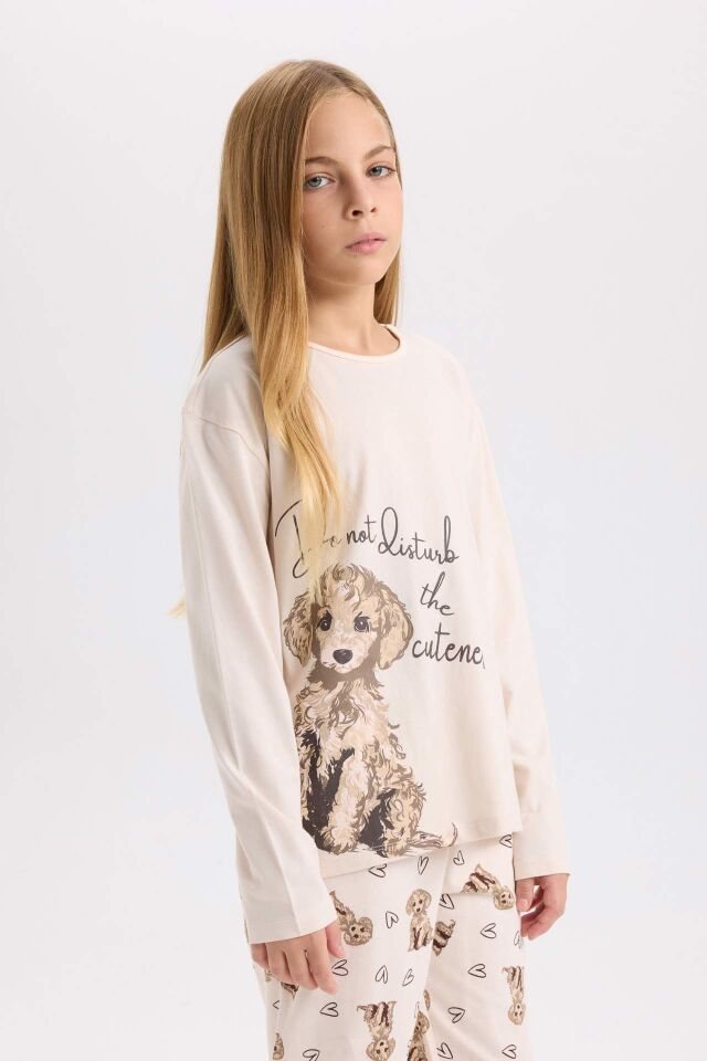 Kız Çocuk Pijama Takımı Köpek Baskılı Uzun Kollu Üst Uzun Alt