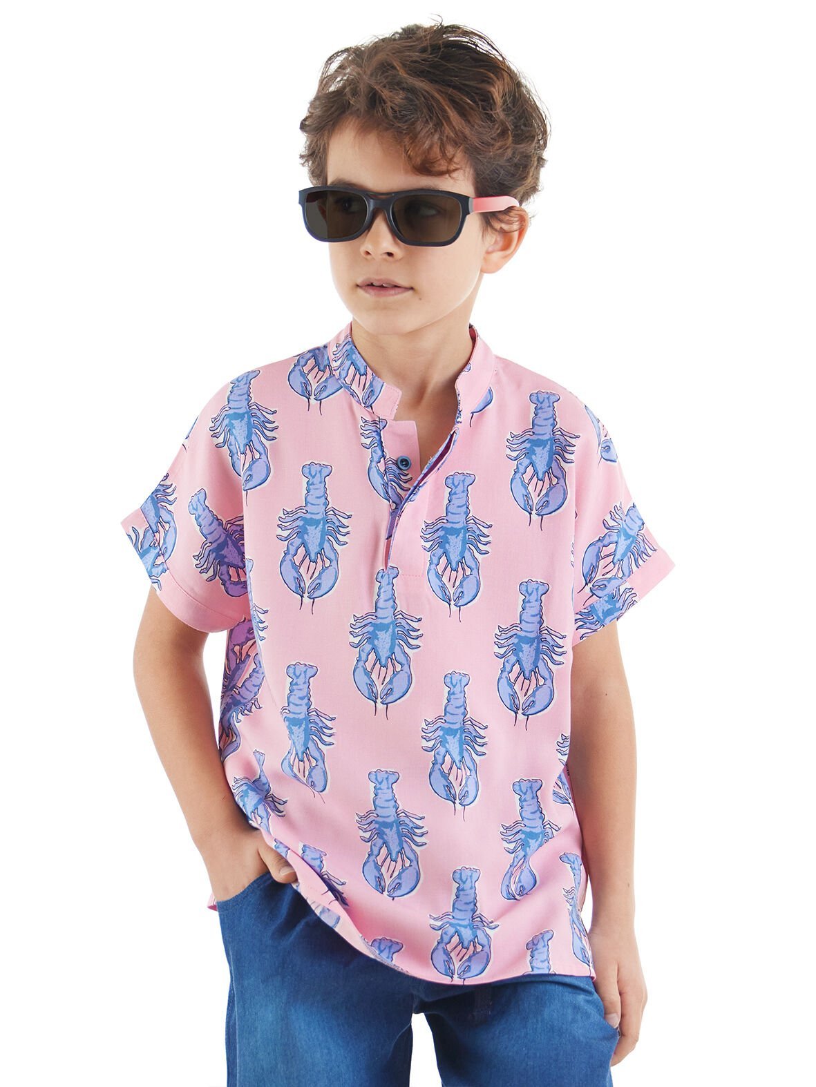 Istakoz Erkek Çocuk Pembe Kısa Kol Yazlık Gömlek