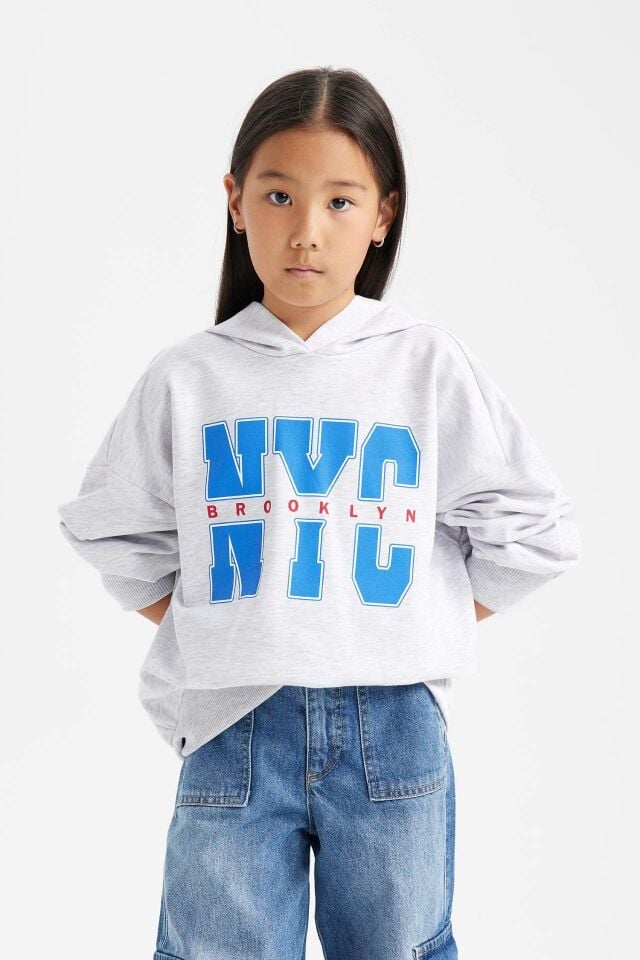 Kız Çocuk Oversize Geniş Kalıp Kapüşonlu Baskılı İçi Yumuşak Tüylü Sweatshirt