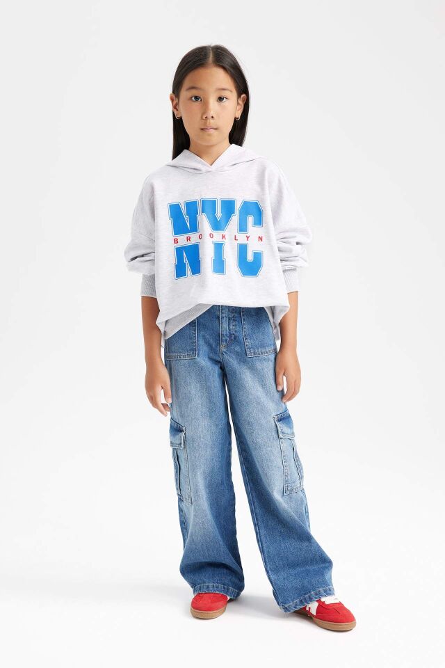 Kız Çocuk Oversize Geniş Kalıp Kapüşonlu Baskılı İçi Yumuşak Tüylü Sweatshirt