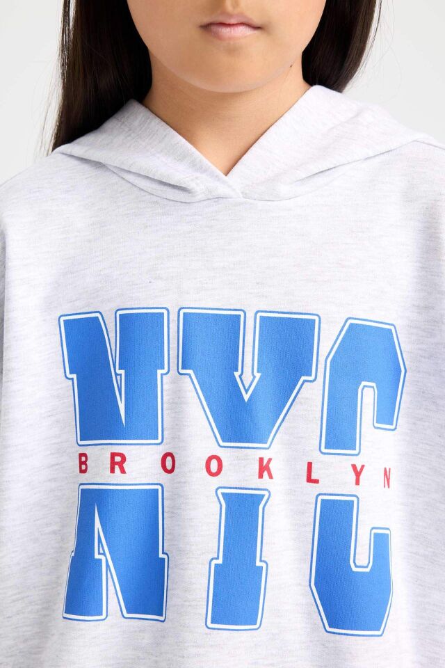 Kız Çocuk Oversize Geniş Kalıp Kapüşonlu Baskılı İçi Yumuşak Tüylü Sweatshirt