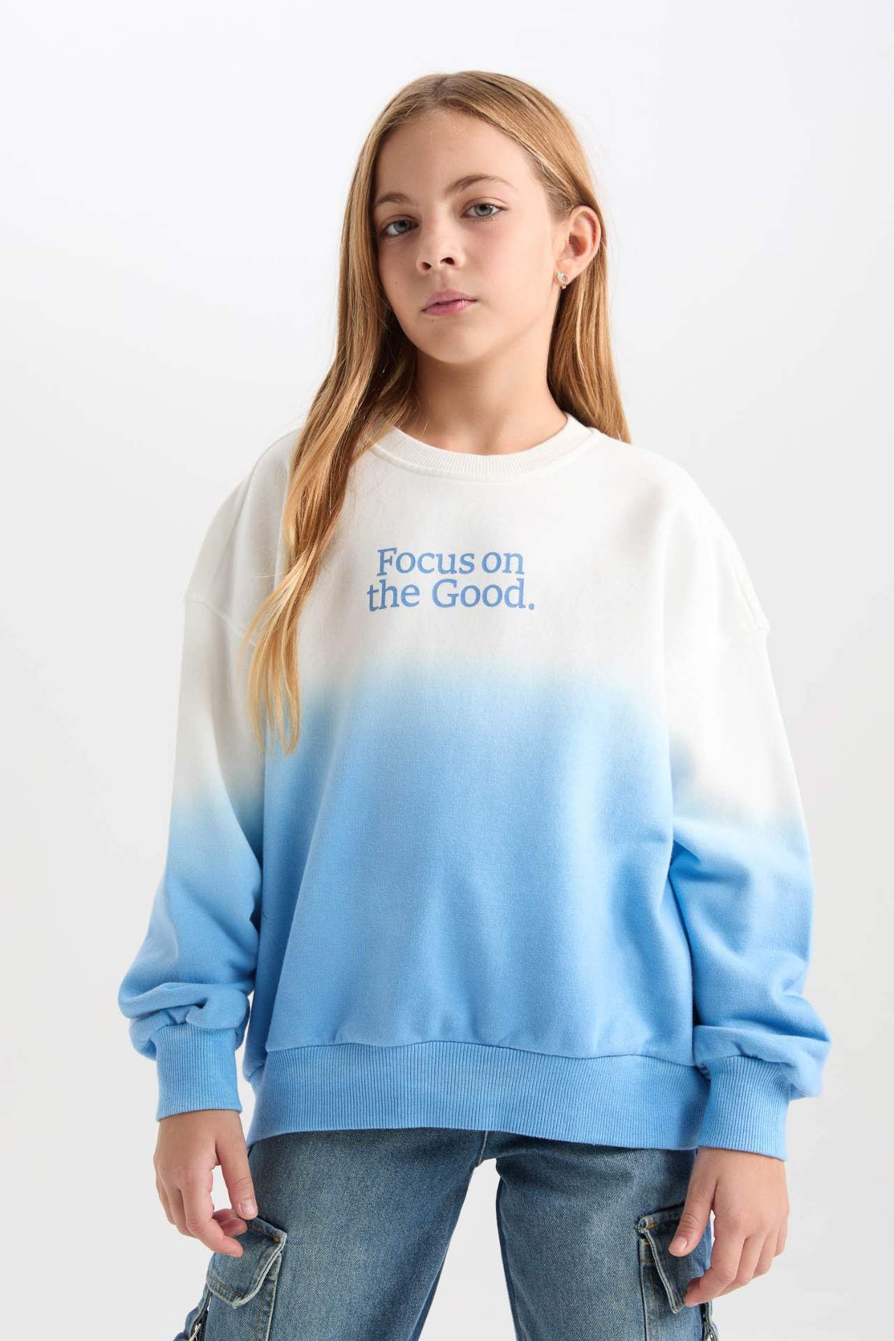 Kız Çocuk Oversize Geniş Kalıp Bisiklet Yaka Degrade Baskılı Sweatshirt