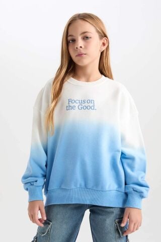 Kız Çocuk Oversize Geniş Kalıp Bisiklet Yaka Degrade Baskılı Sweatshirt