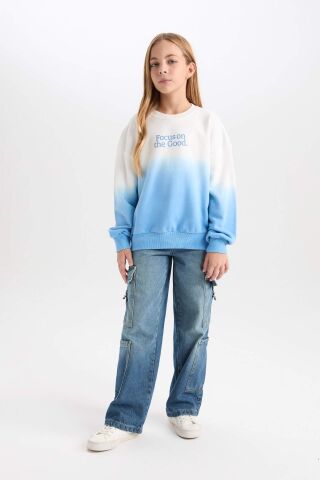 Kız Çocuk Oversize Geniş Kalıp Bisiklet Yaka Degrade Baskılı Sweatshirt
