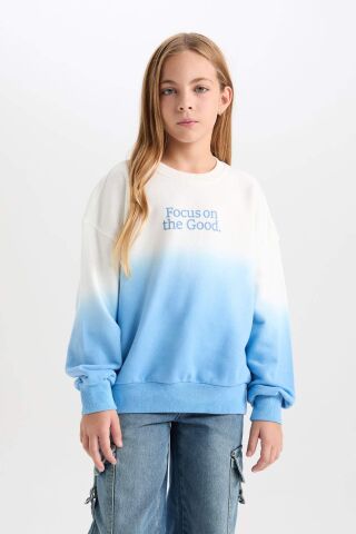 Kız Çocuk Oversize Geniş Kalıp Bisiklet Yaka Degrade Baskılı Sweatshirt