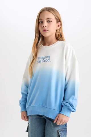 Kız Çocuk Oversize Geniş Kalıp Bisiklet Yaka Degrade Baskılı Sweatshirt