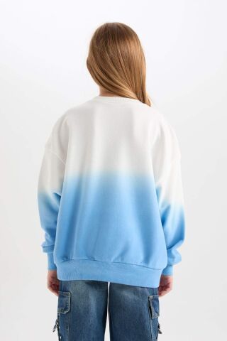 Kız Çocuk Oversize Geniş Kalıp Bisiklet Yaka Degrade Baskılı Sweatshirt
