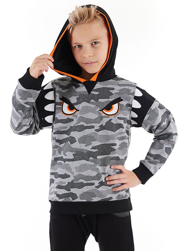 Kamuflaj Kapişonlu Erkek Çocuk Sweatshirt 9 Y - Siyah&Gri