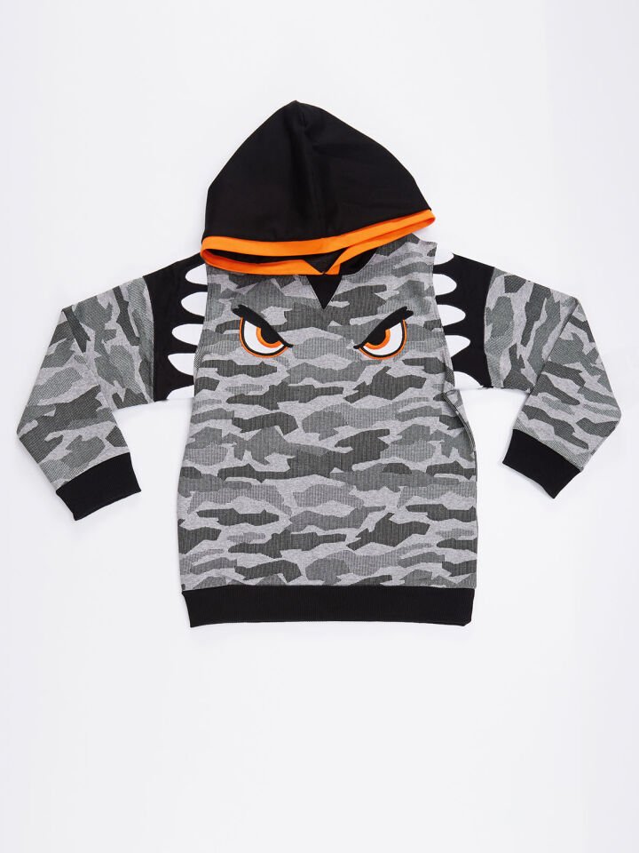 Kamuflaj Kapişonlu Erkek Çocuk Sweatshirt 9 Y - Siyah&Gri