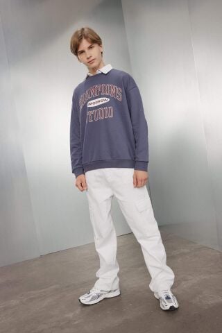 Erkek Çocuk Oversize Geniş Kalıp Bisiklet Yaka Yazı Baskılı Okul Sweatshirt