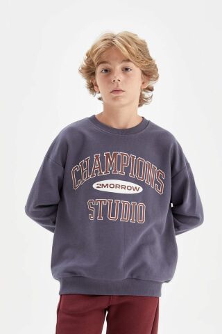 Erkek Çocuk Oversize Geniş Kalıp Bisiklet Yaka Yazı Baskılı Okul Sweatshirt