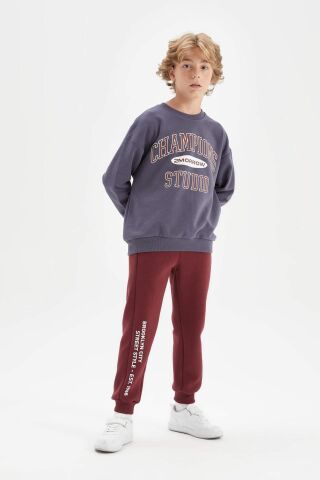 Erkek Çocuk Oversize Geniş Kalıp Bisiklet Yaka Yazı Baskılı Okul Sweatshirt