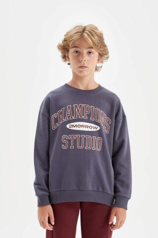 Erkek Çocuk Oversize Geniş Kalıp Bisiklet Yaka Yazı Baskılı Okul Sweatshirt