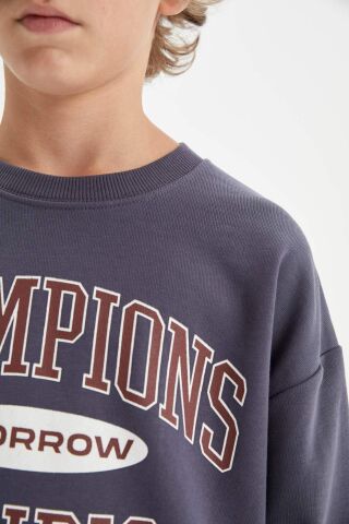 Erkek Çocuk Oversize Geniş Kalıp Bisiklet Yaka Yazı Baskılı Okul Sweatshirt