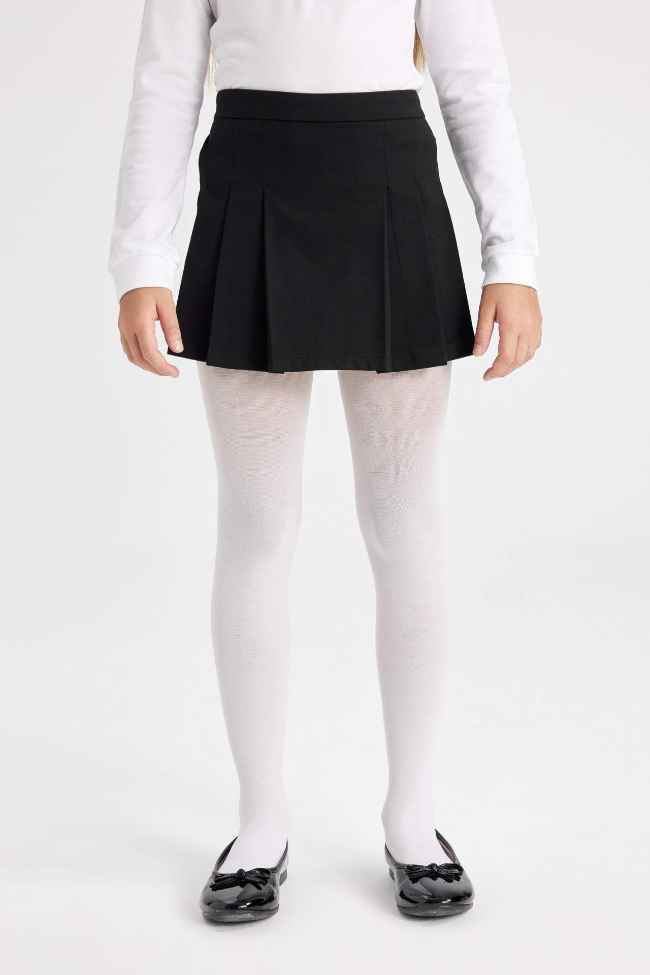 Kız Çocuk Siyah Basic Düz Beli Lastikli  Pileli Twill Okul Eteği