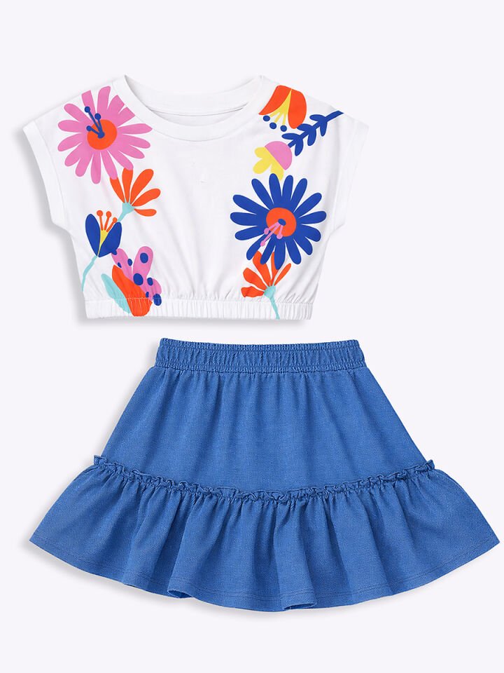 Renkli Çiçekler Kız Çocuk T-shirt Etek Takım