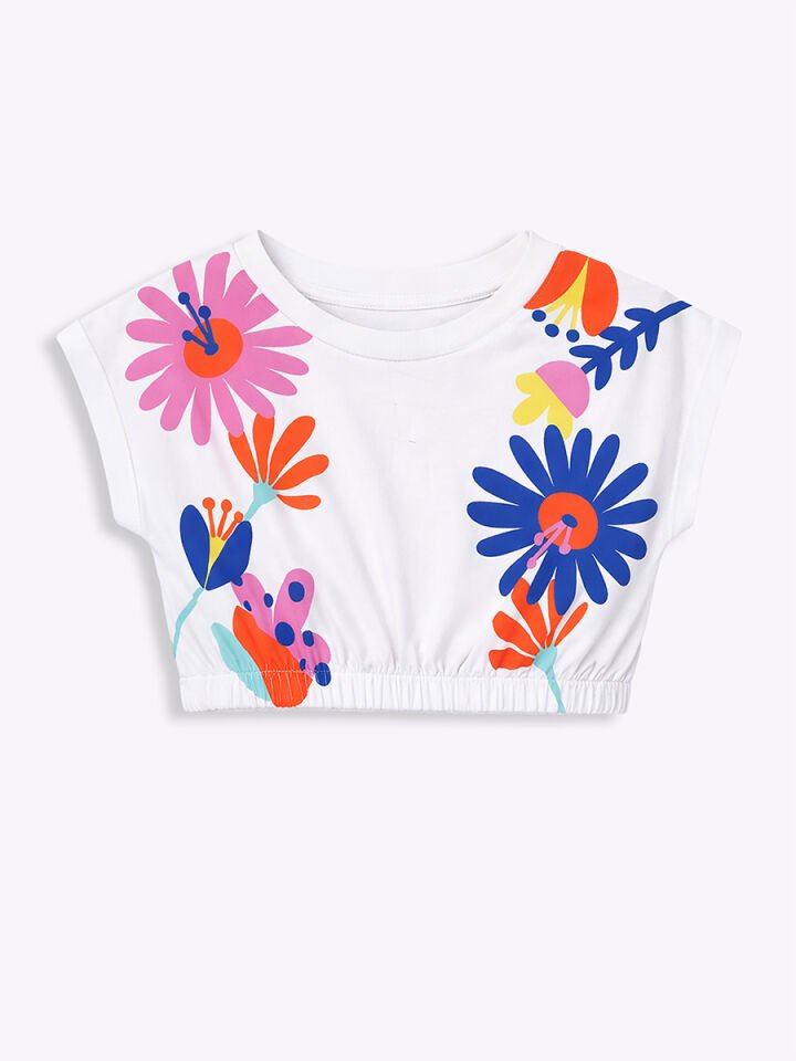Renkli Çiçekler Kız Çocuk T-shirt Etek Takım